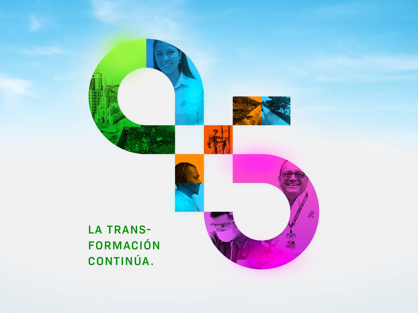 EMCALI 95th anniversary identity: a 95 built from photo mosaics of the city and its workers