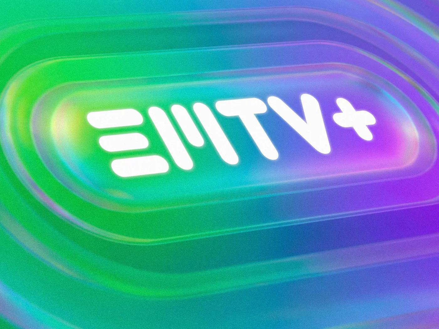 EMTV+ logo glowing over a holographic gradient