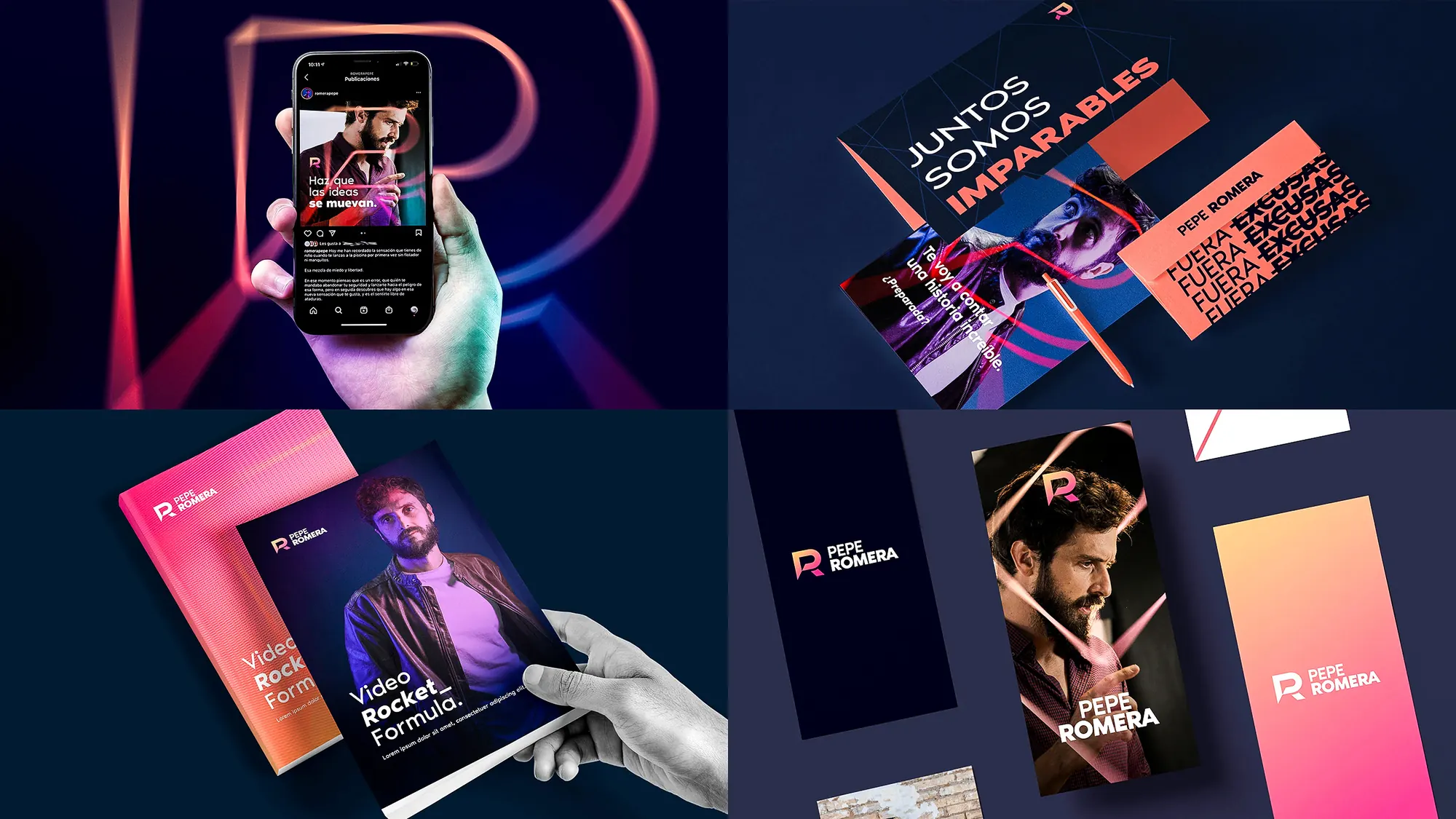 Pepe Romera personal brand identity: Instagram mockup, editorial spread and business cards