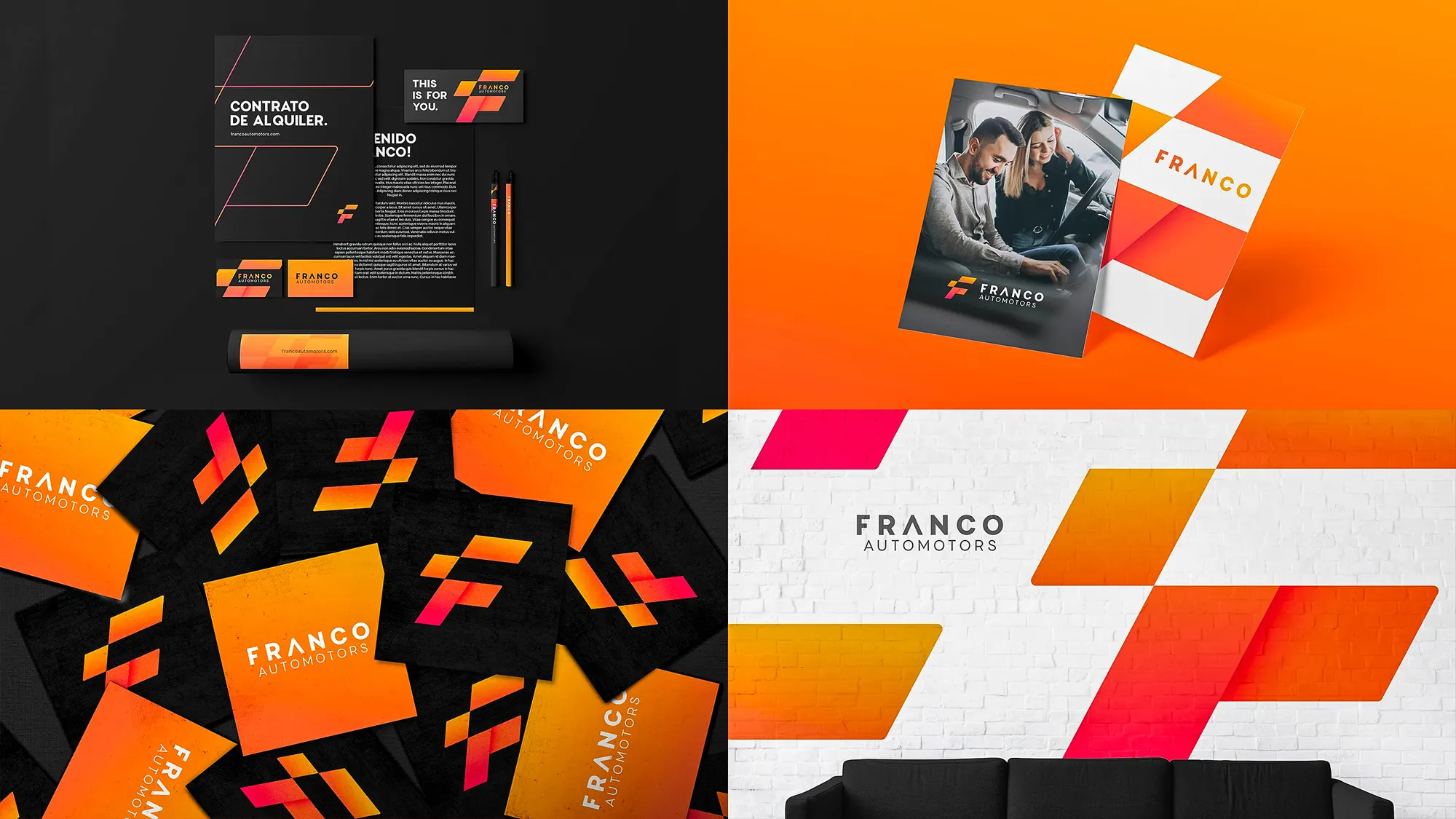 Franco Automotors brand identity: stationery, brochure and environmental applications
