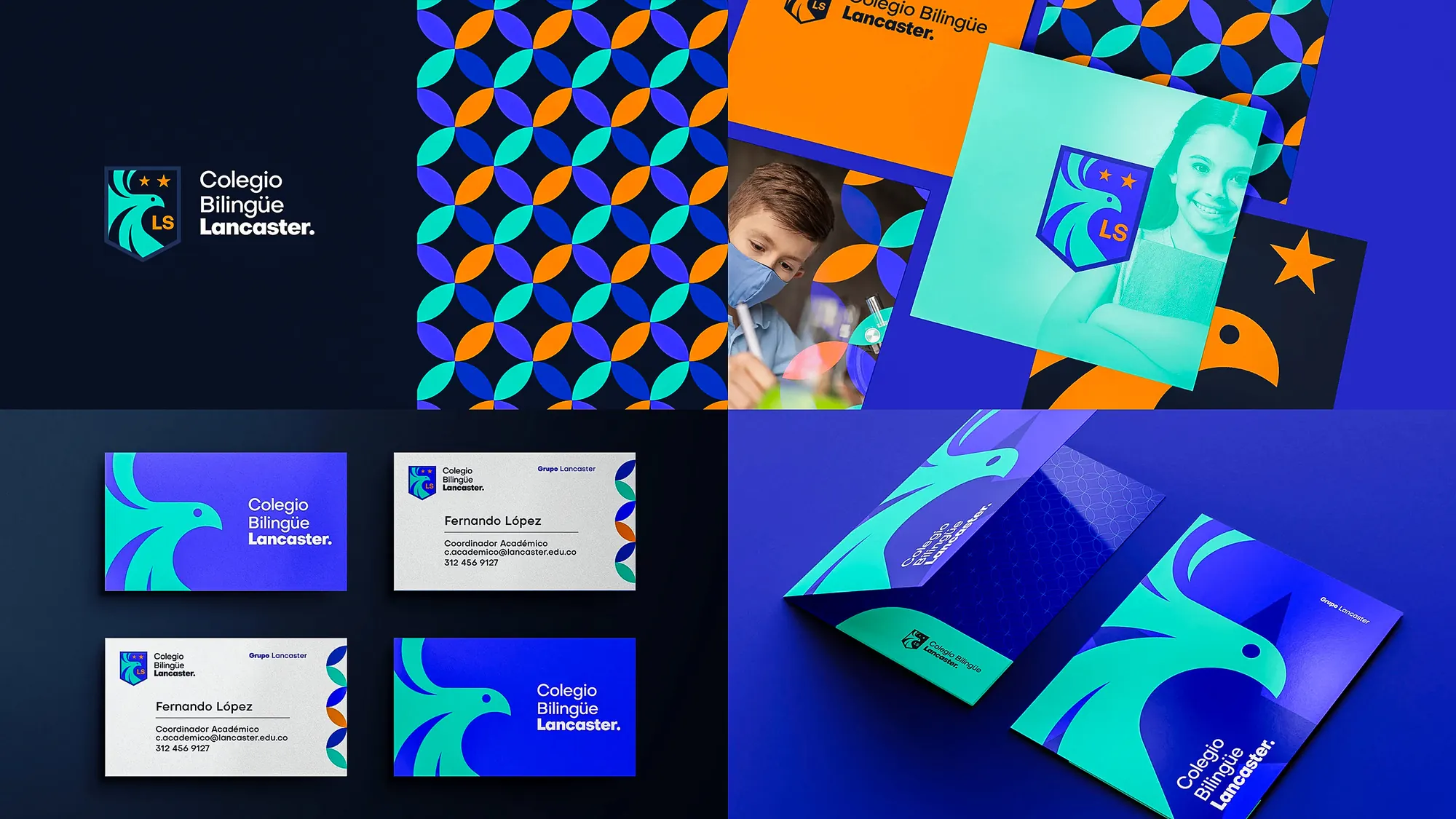 Colegio Bilingüe Lancaster brand identity: crest, pattern, stationery and school materials