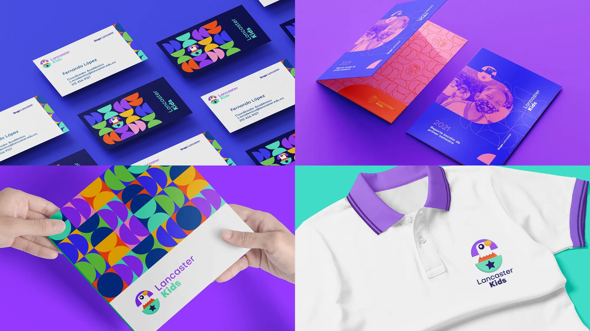 Lancaster Kids sub-brand identity: business cards, folder and polo shirt mockups