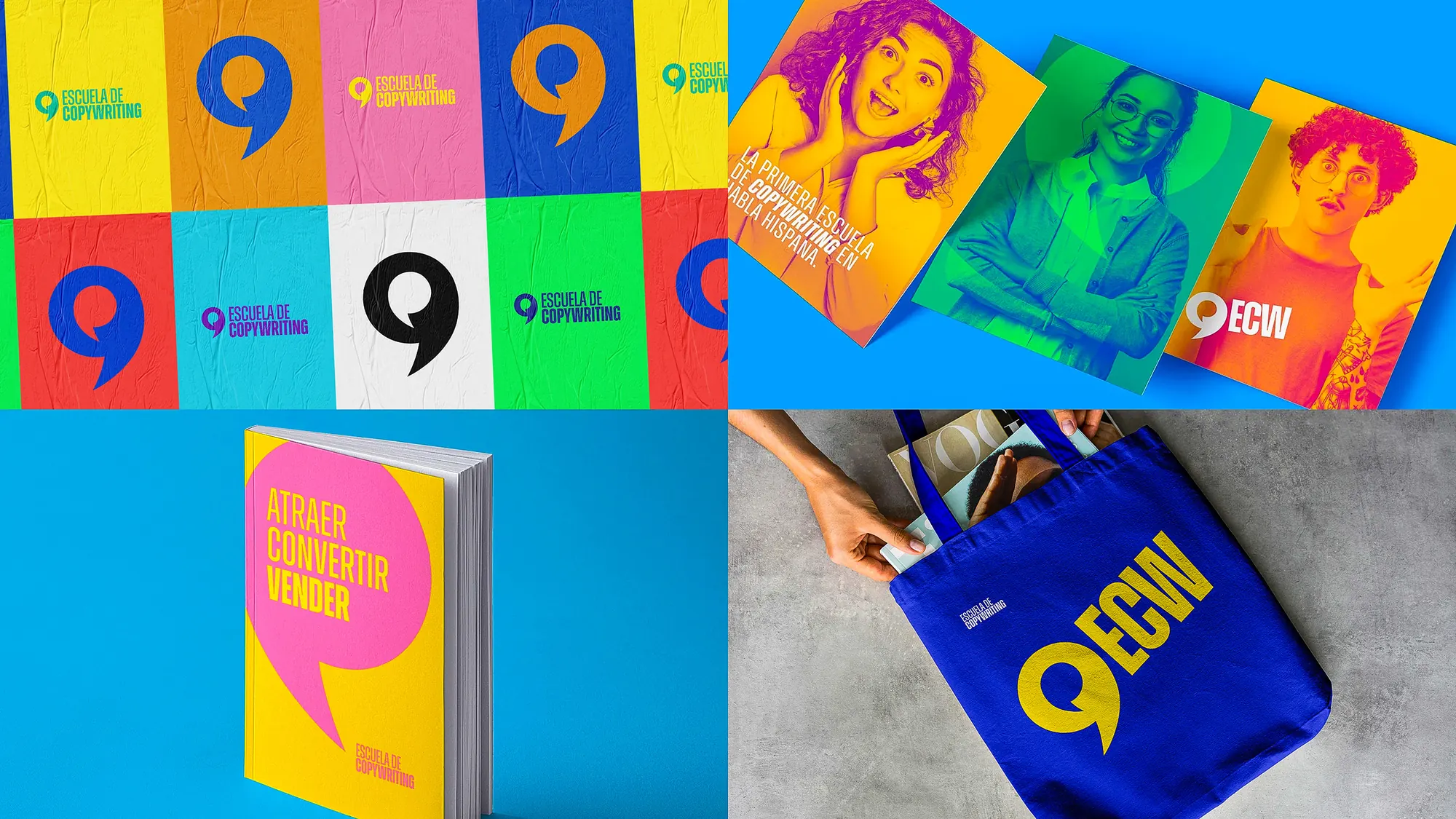 Escuela de Copywriting brand identity: color system, editorial covers and tote bag