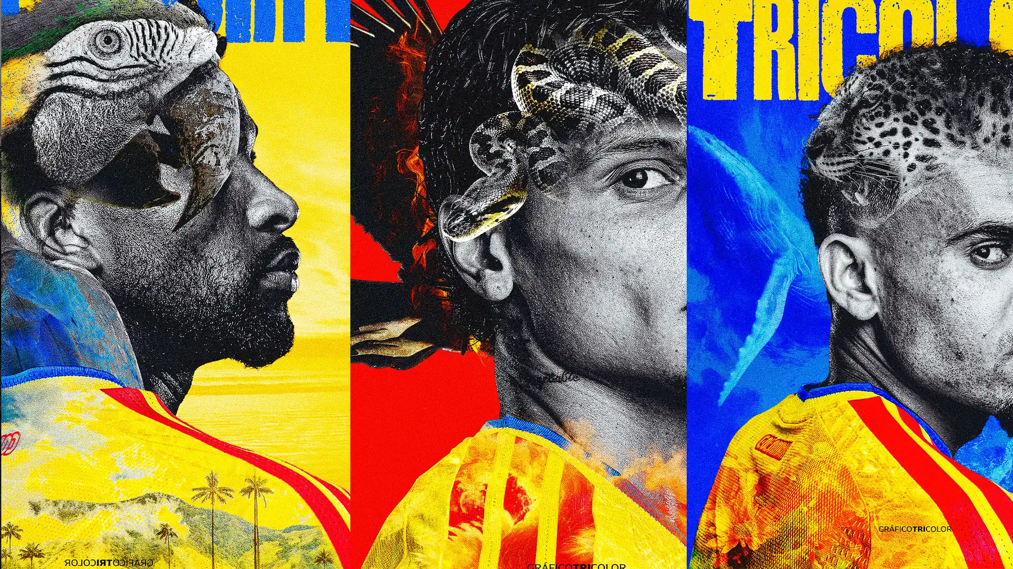 The three-poster series: player fused with macaw, jaguar and coral snake, across yellow, blue and red panels