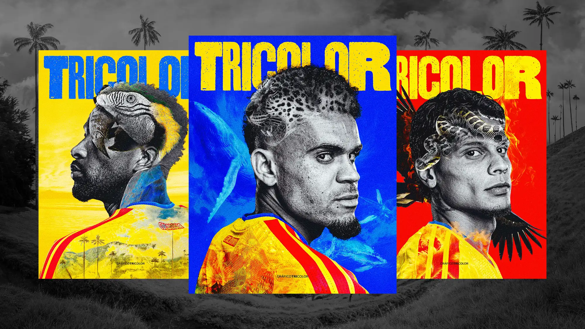 Close-up detail: the iguana, snake and jaguar headpieces against the halftone portraits