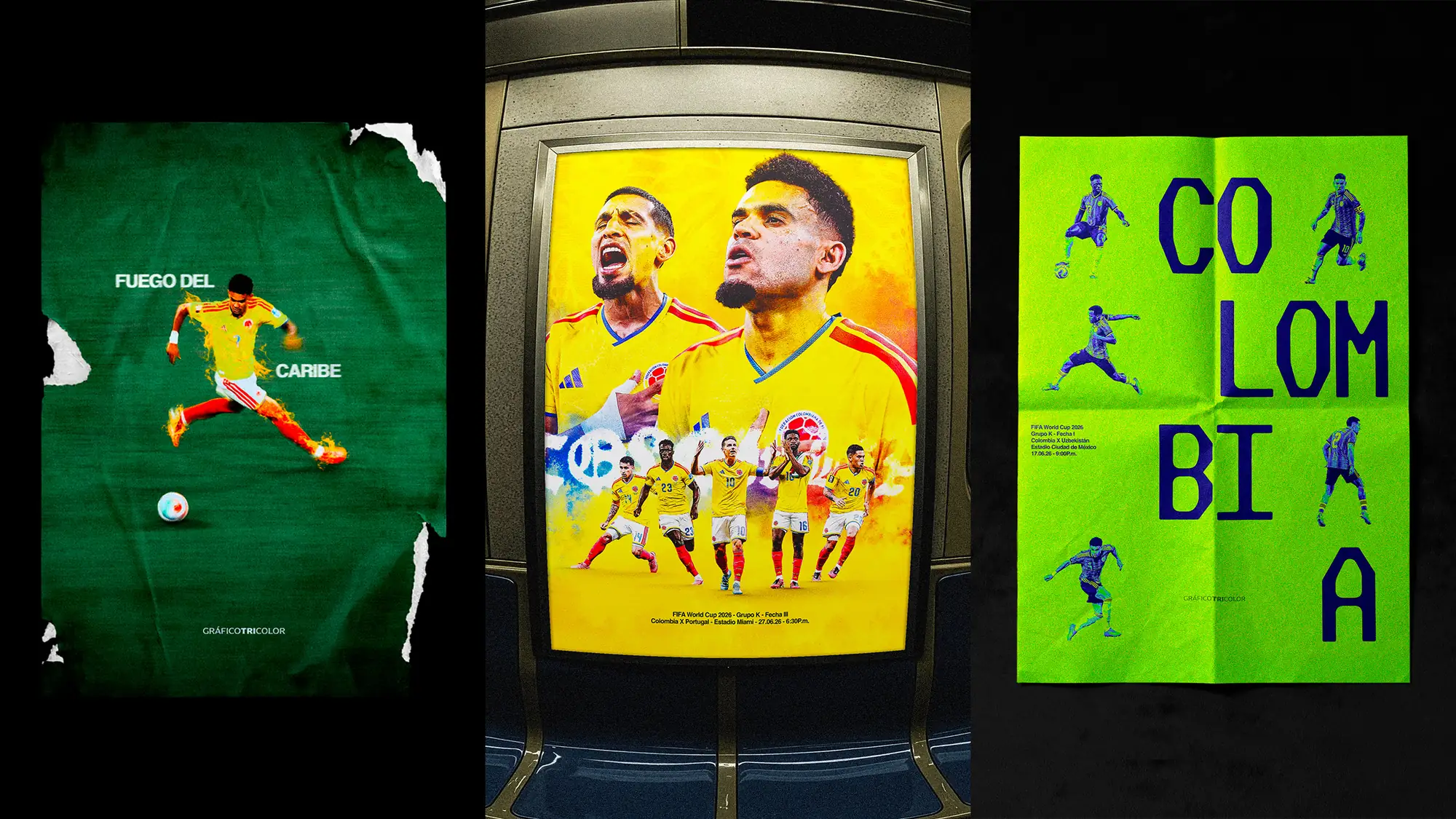Colombia matchday grid: repeated player portraits in red, yellow and blue halftone